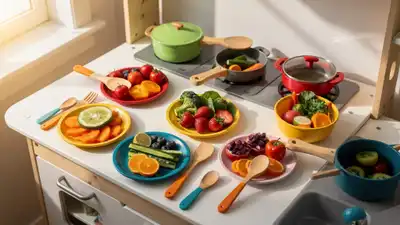 Kinderspielküche mit bunten Tellern voller Spielzeug-Obst und -Gemüse sowie Töpfen auf dem Herd