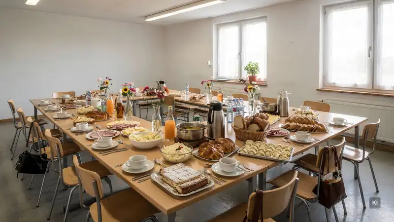 Gedeckte Tische mit Frühstücksbuffet: Brötchen, Gebäck, Kuchen, Aufschnitt, Säfte, Kaffee und Blumenarrangements